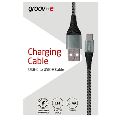Groov-e USB-C to USB-A 1m Braided Charging Cable, Grey - LEADS - Beattys of Loughrea