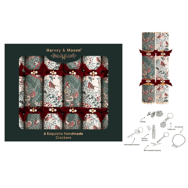Harvey & Mason 6 Exquisite Robin 13.5" Crackers - XMAS ACCESSORIES - Beattys of Loughrea