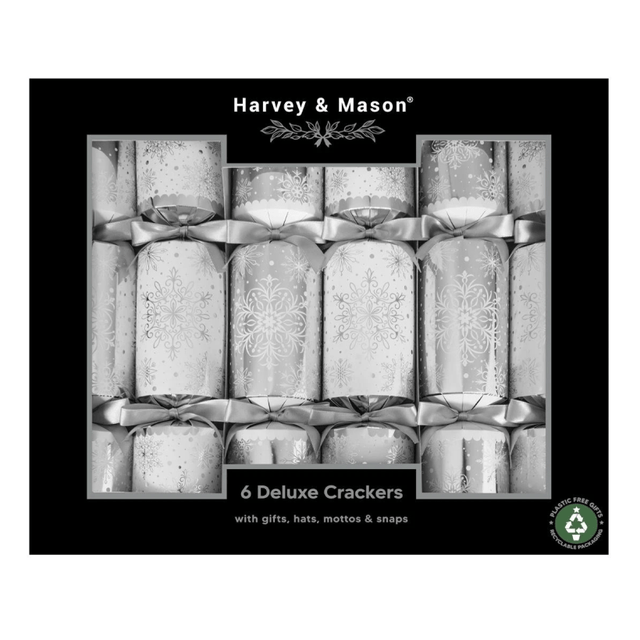 Harvey & Mason Christmas Crackers Silver Snowflake White Pack of 6 - XMAS ACCESSORIES - Beattys of Loughrea