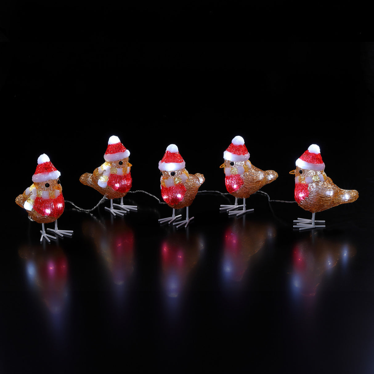 Noma Set Of 5 Acrylic Robins With Hat And Scarf - XMAS ROOM DECORATION LARGE AND LIGHT UP - Beattys of Loughrea