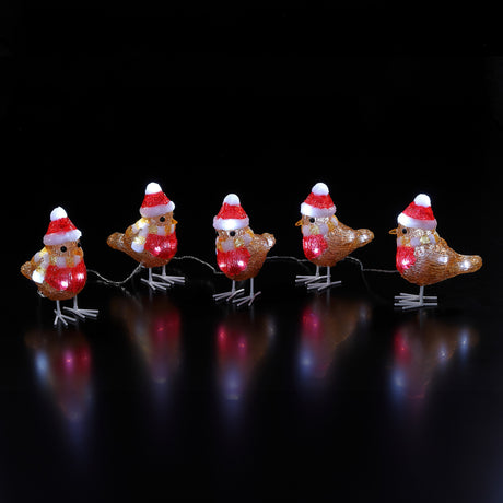 Noma Set Of 5 Acrylic Robins With Hat And Scarf - XMAS ROOM DECORATION LARGE AND LIGHT UP - Beattys of Loughrea