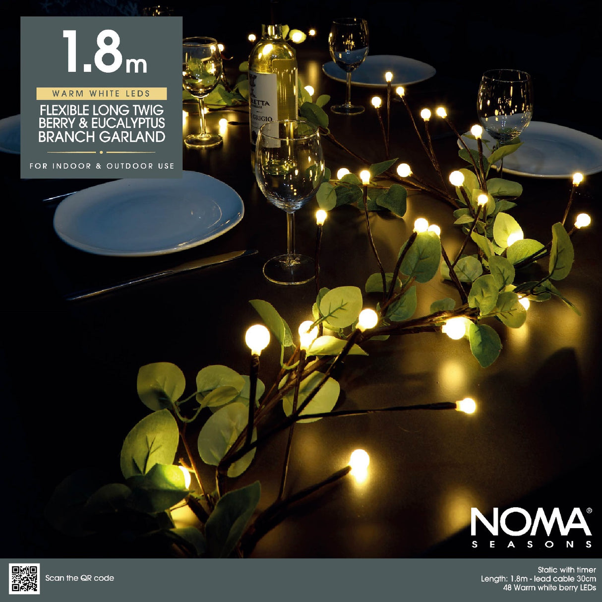 Noma 1.8m Berry & Eucalyptus Garland With 48 Led's - Battery Operated - XMAS BATTERY OPERATED LIGHTS - Beattys of Loughrea