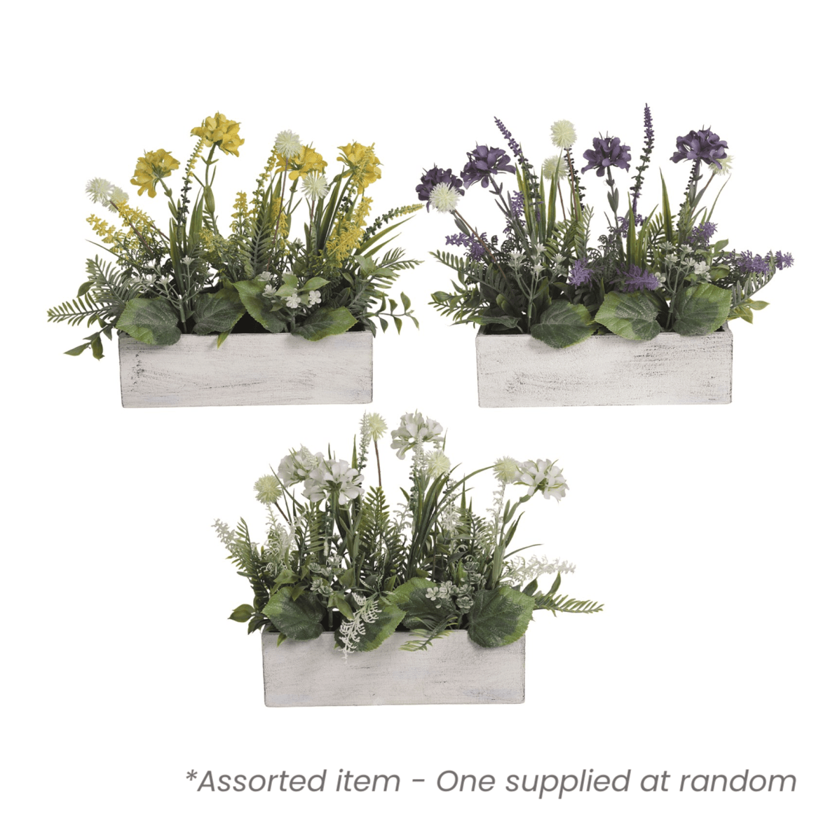 Artificial Flower Arrangement in Wooden Planter 26cm Assorted - One Supplied* - Beattys of Loughrea | www.beattys.ie