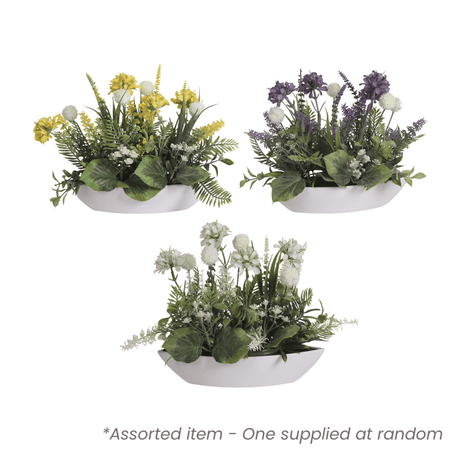 Artificial Flower Arrangement in White Ellipse Planter 26cm Assorted - One Supplied* - Beattys of Loughrea | www.beattys.ie