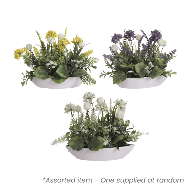 Artificial Flower Arrangement in White Ellipse Planter 26cm Assorted - One Supplied* - Beattys of Loughrea | www.beattys.ie