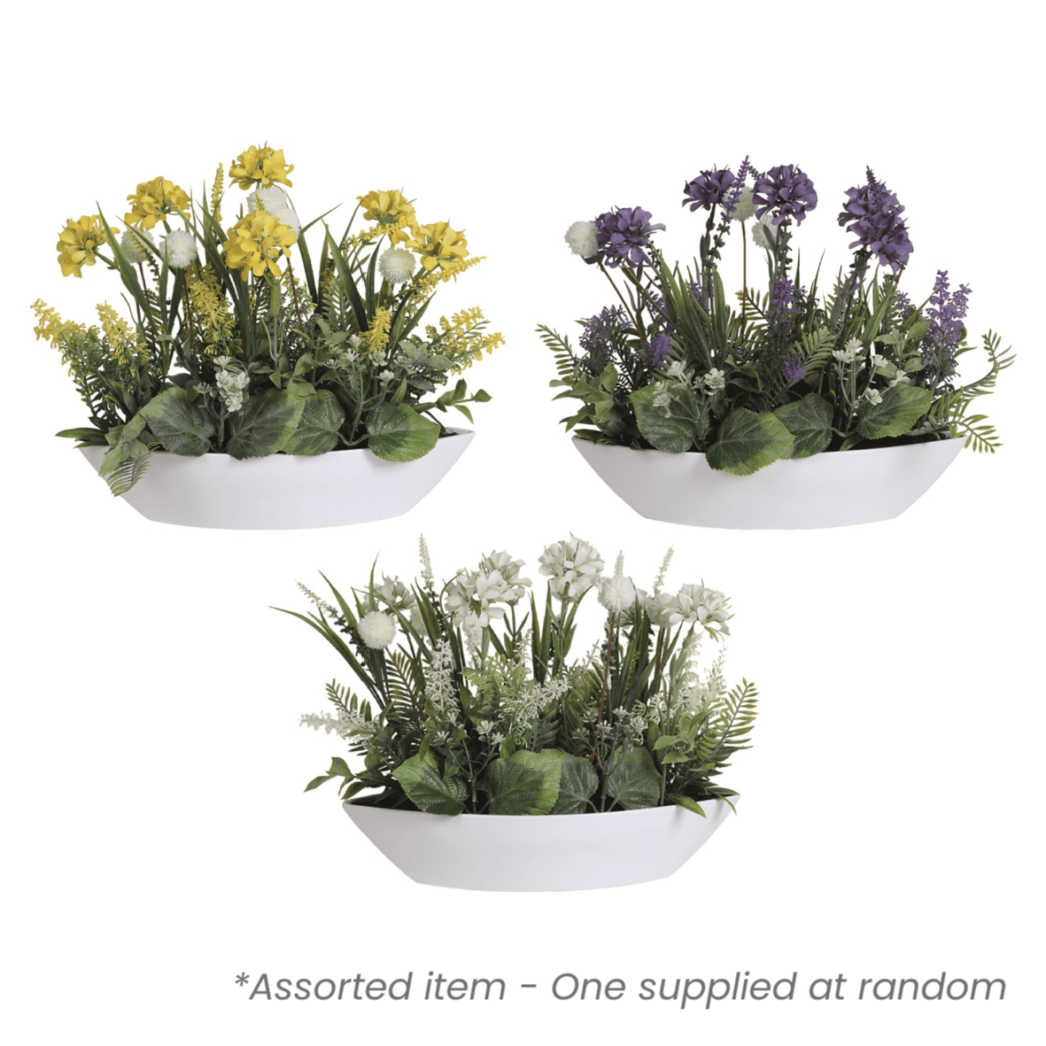 Artificial Flower Arrangement in White Ellipse Planter 27cm Assorted - One Supplied* - Beattys of Loughrea | www.beattys.ie