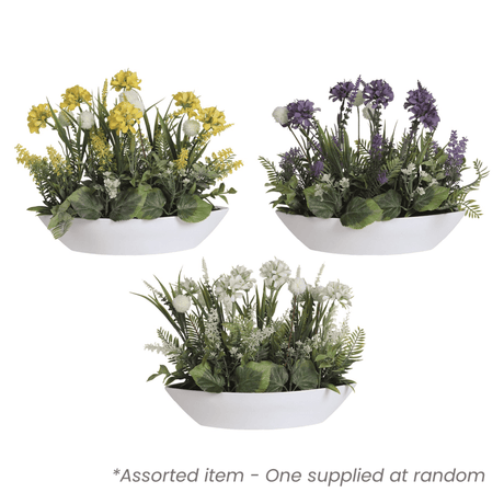 Artificial Flower Arrangement in White Ellipse Planter 27cm Assorted - One Supplied* - Beattys of Loughrea | www.beattys.ie