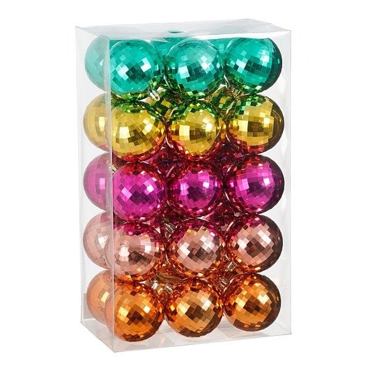 30pc Bauble Unbreakable Gold Green Pink Orange Fuchsia 8cm - XMAS BAUBLES - Beattys of Loughrea