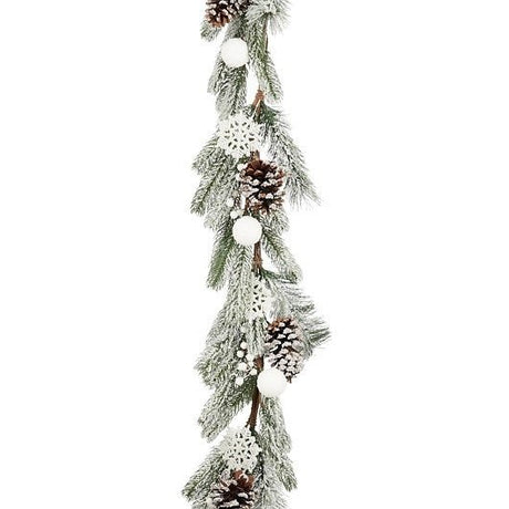 Mica Decorations White Frosted Pine Ball Garland 160cm - XMAS GARLANDS - Beattys of Loughrea