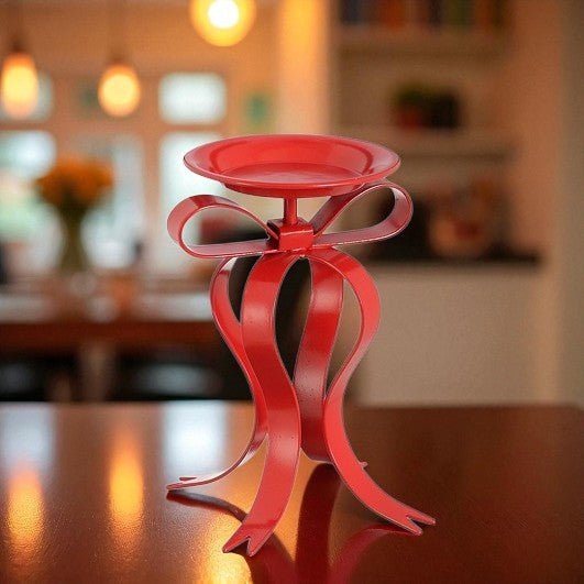 Metal Red Candle Holder with Bow 17 x 14 x 20cm - CANDLE HOLDERS / Lanterns - Beattys of Loughrea