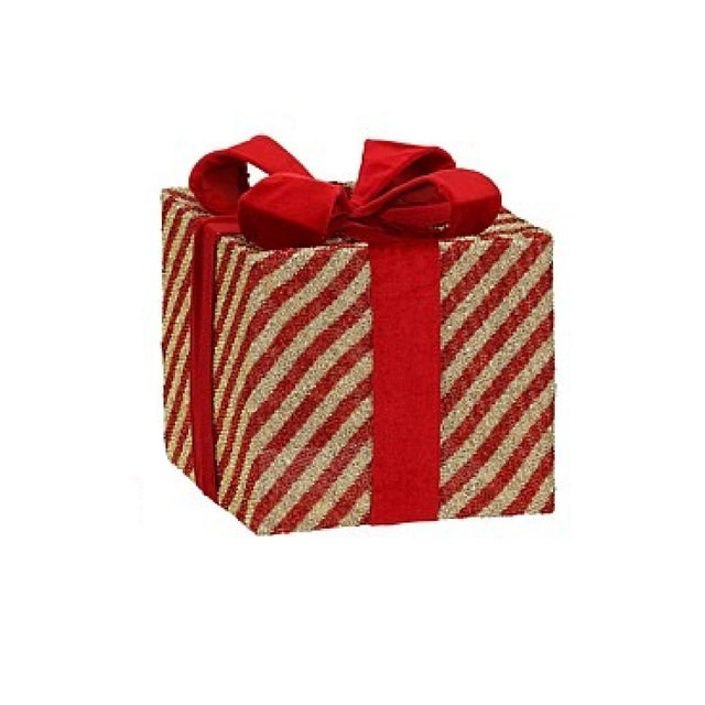 Christmas Gift Box Red Stripes 20 x 20 x 23cm - XMAS DECORATIONS - Beattys of Loughrea