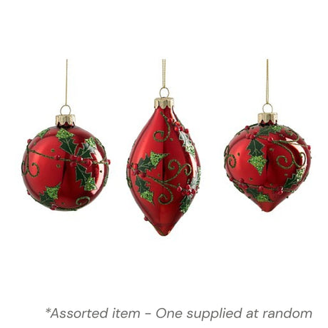 Shiny Red Bauble with Holly 8cm Assorted - One Supplied* - XMAS BAUBLES - Beattys of Loughrea