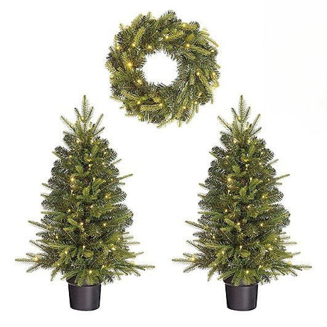 Grimshaw 3pc Set of 90cm LED Christmas Trees and Matching Led Wreath - XMAS TREE PRELIT & POPUP - Beattys of Loughrea