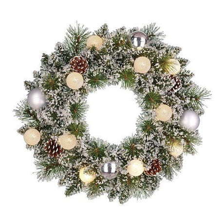 Kaprun Frosted Wreath Silver Warm White 10Leds with 88 TIPS Battery Operated with timer 10 x 45cm - XMAS WREATHS - Beattys of Loughrea