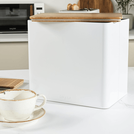Salter Toronto Bread Bin – White/Wooden - ENAMELWARE/JARS/TRAYS - Beattys of Loughrea