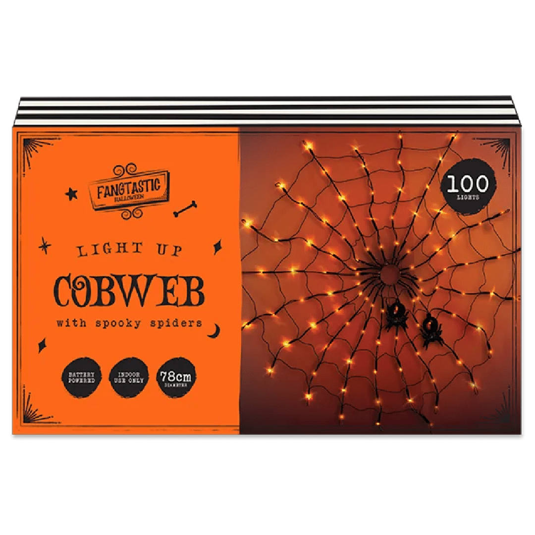 Spooky Halloween Light Up Cobweb with Spiders 78cm - HALLOWEEN, PKT MONEY, JOKE - Beattys of Loughrea