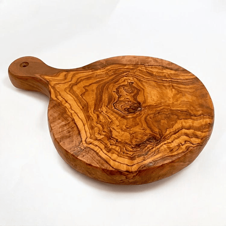 Olive Wood Round Cutting Board with Handle 25cm - WOODEN KITCHENWARE /ACCESSORIES - Beattys of Loughrea