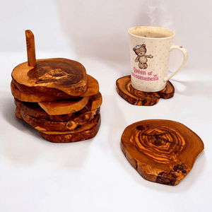 Olive Wood Rustic Coaster Set of 6 with Holder - TABLEMATS/COASTERS - Beattys of Loughrea