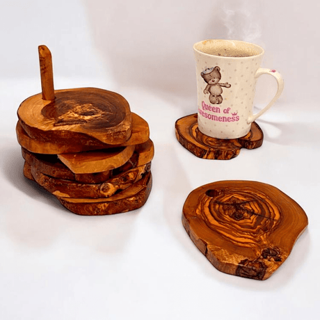 Olive Wood Rustic Coaster Set of 6 with Holder - TABLEMATS/COASTERS - Beattys of Loughrea