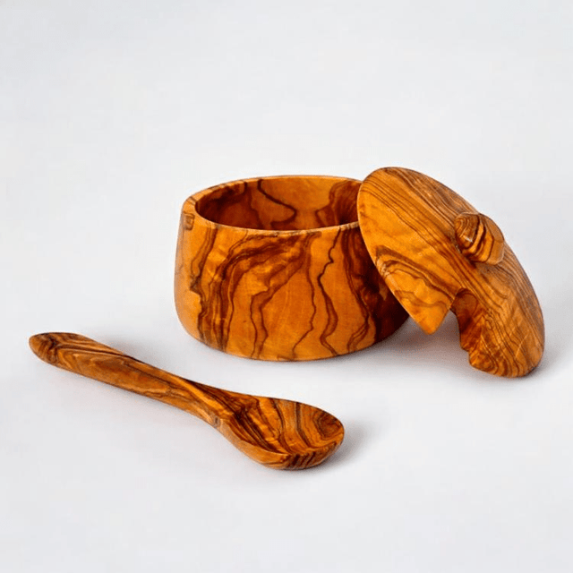 Olive Wood Sugar Bowl with Spoon 10cm - WOODEN KITCHENWARE /ACCESSORIES - Beattys of Loughrea