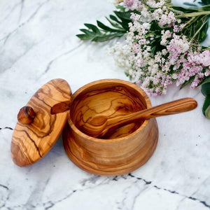 Olive Wood Sugar Bowl with Spoon 10cm - WOODEN KITCHENWARE /ACCESSORIES - Beattys of Loughrea