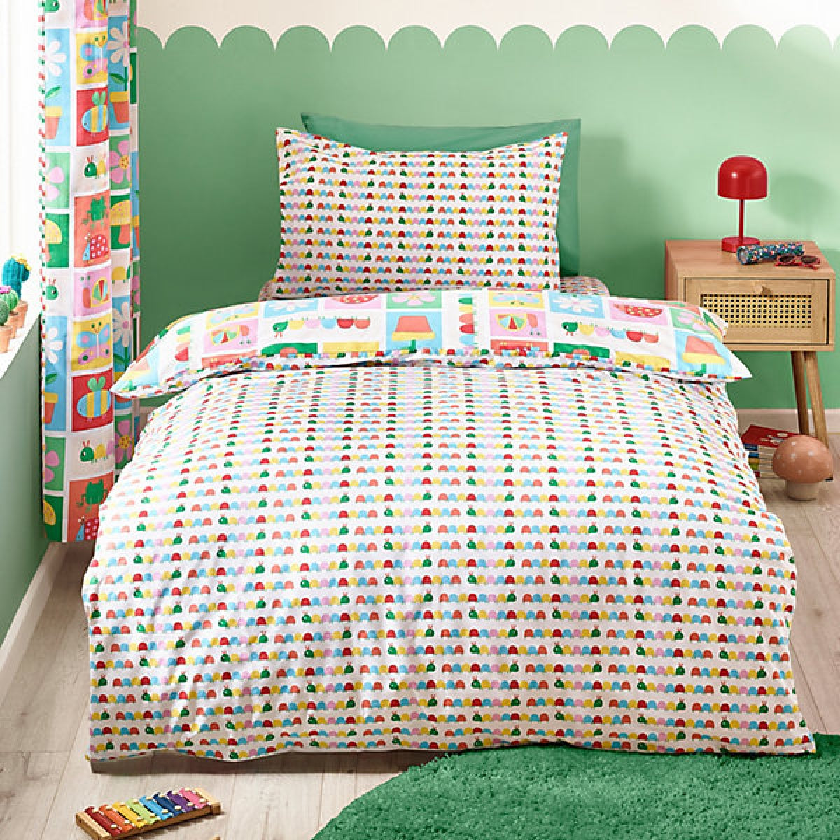 Catherine Lansfield Kids Curious Caterpillar Reversible Double Duvet Cover Set with Pillowcases Bright