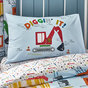 Catherine Lansfield Kids Digger Dreams Reversible Double Duvet Cover Set with Pillowcases Blue