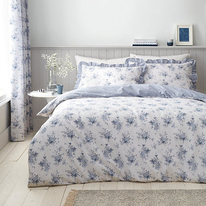 Catherine Lansfield Lucie Floral Frill Reversible King Size Duvet Cover Set with Pillowcases White Blue