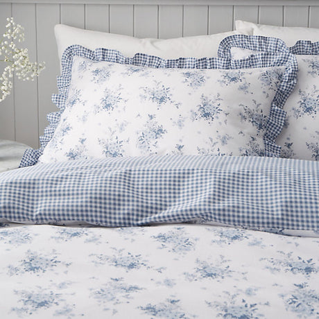 Catherine Lansfield Lucie Floral Frill Reversible King Size Duvet Cover Set with Pillowcases White Blue - DUVET COVERS - Beattys of Loughrea