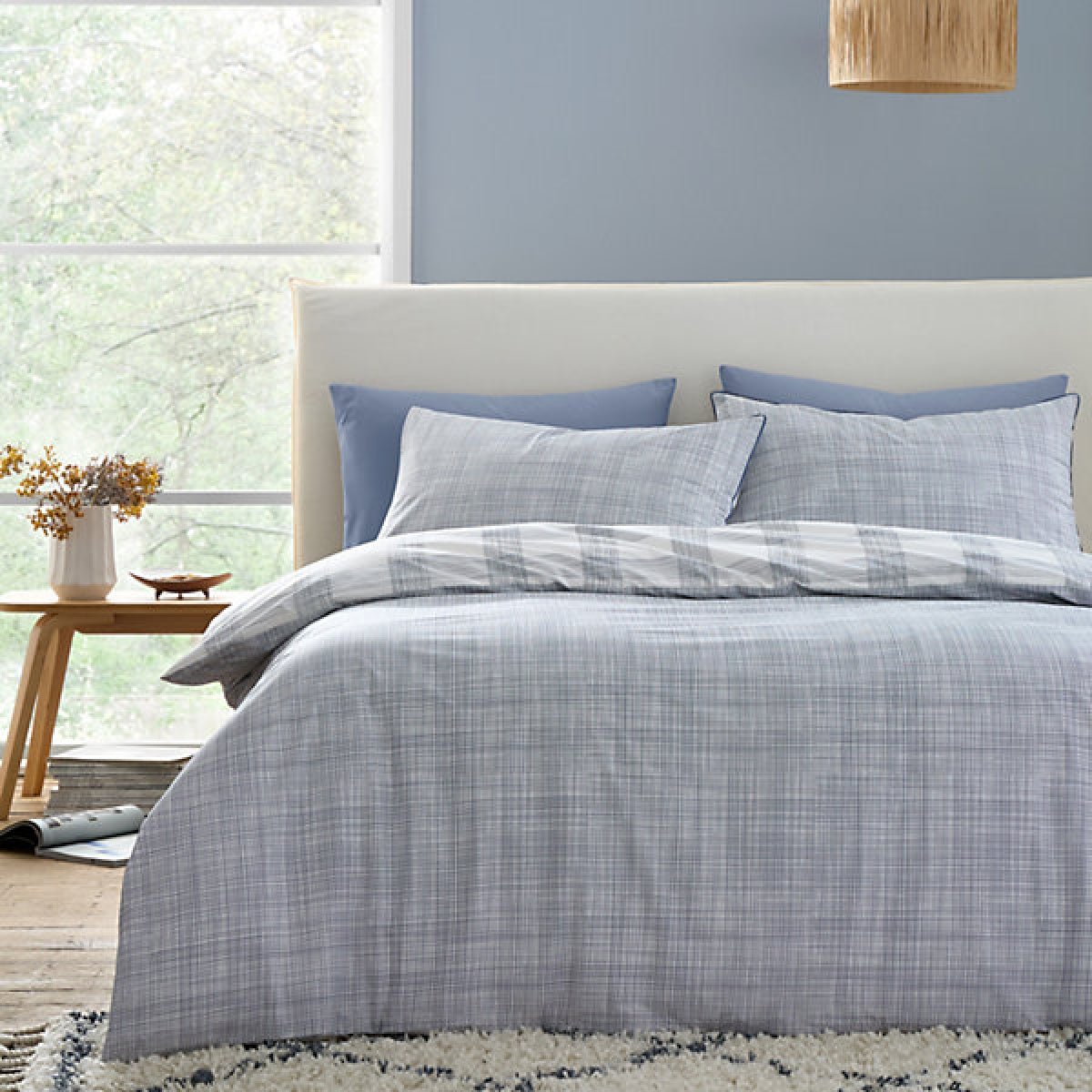 Bianca Fine Linens Marlow Check 200 Thread Count Cotton Percale Reversible King Duvet Cover Set with Pillowcases Blue - DUVET COVERS - Beattys of Loughrea