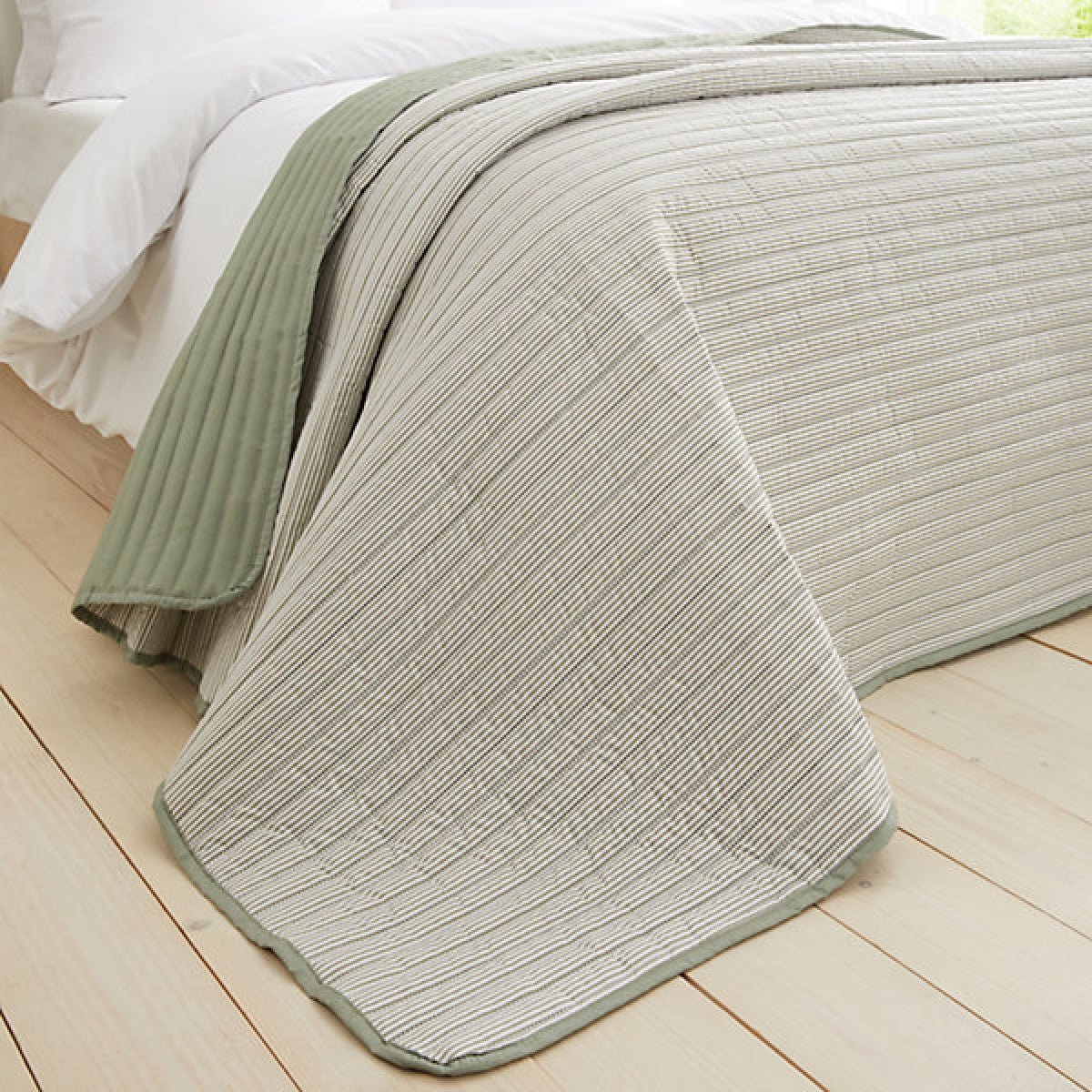 Catherine Lansfield Stripe Quilted Reversible 220 x 230cm Bedspread Green - BED SPREADS/COVERS/QUILTS - Beattys of Loughrea