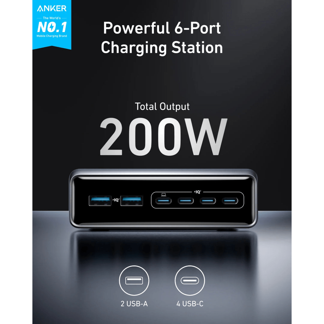 Anker Prime Charger 200W 6 Ports ( 4 x USB c 2 x USB A ) GaN - A2683241 - USB PC ACCESSORIES - Beattys of Loughrea