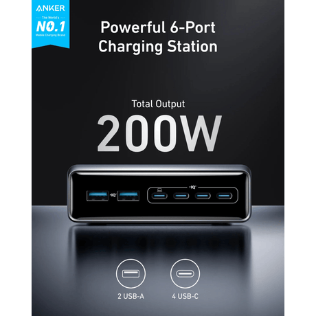 Anker Prime Charger 200W 6 Ports ( 4 x USB c 2 x USB A ) GaN - A2683241 - USB PC ACCESSORIES - Beattys of Loughrea