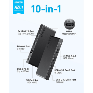 Anker 364 USB C Hub 10 - in - 1, Dual 4K HDMI) - Black - BATTERY CHARGERS - Beattys of Loughrea