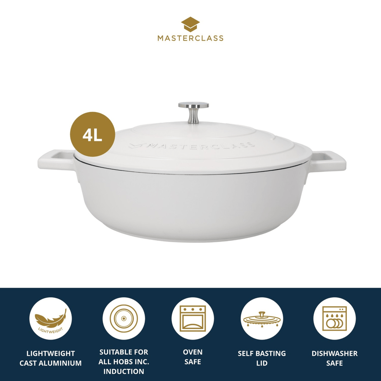 MasterClass Cast Aluminium Shallow Casserole Dish, 4L, Cream - CAST IRON KITCHENWARE - Beattys of Loughrea