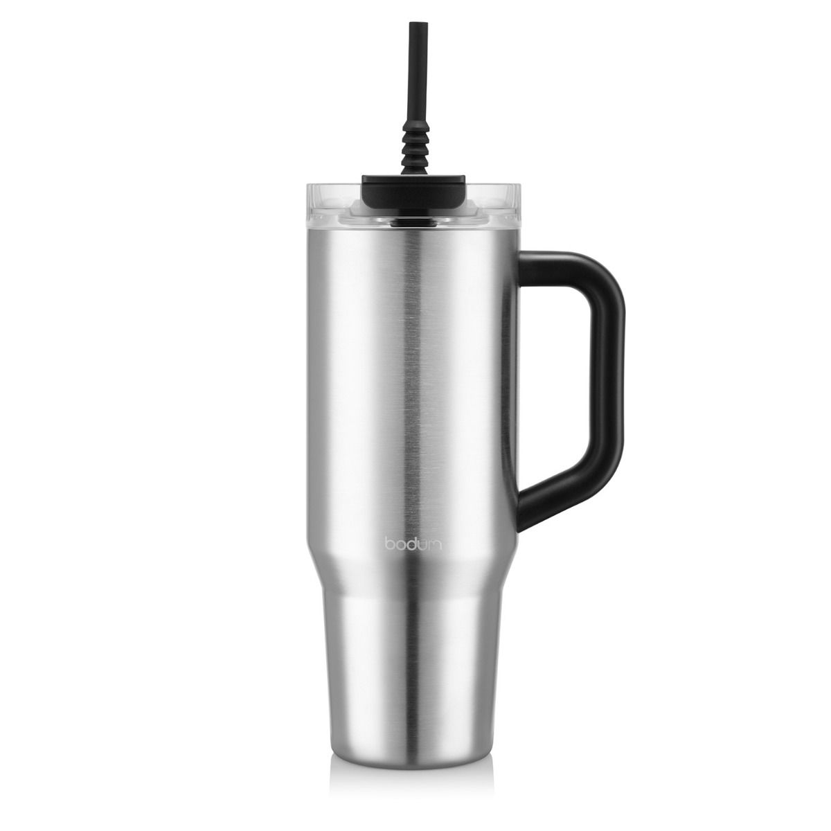 Bodum Travel Mug with Handle and Silicone Straw 1.2 L / 40 oz - Chrome - FLASKS - Beattys of Loughrea