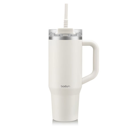 Bodum Travel Mug with Handle and Silicone Straw 1.2 L / 40 oz - Off White - FLASKS - Beattys of Loughrea