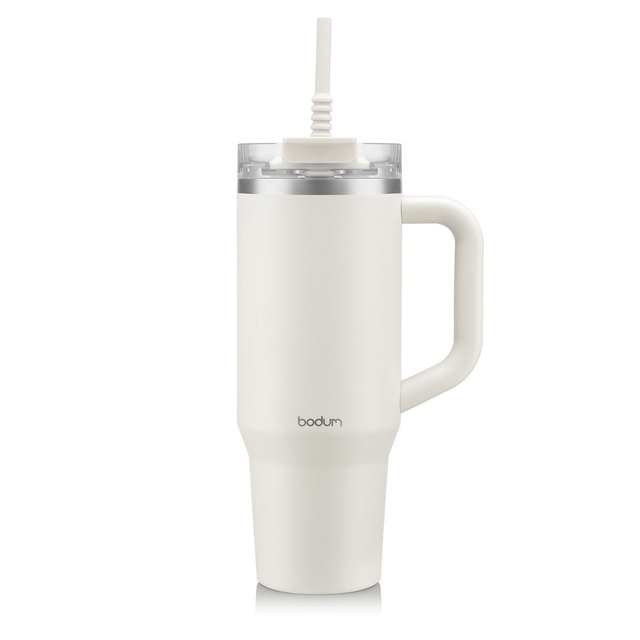 Bodum Travel Mug with Handle and Silicone Straw 1.2 L / 40 oz - Off White - FLASKS - Beattys of Loughrea