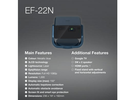 Epson EF22N Metallic Blue Projector V11HB38440 - PROJECTOR - Beattys of Loughrea