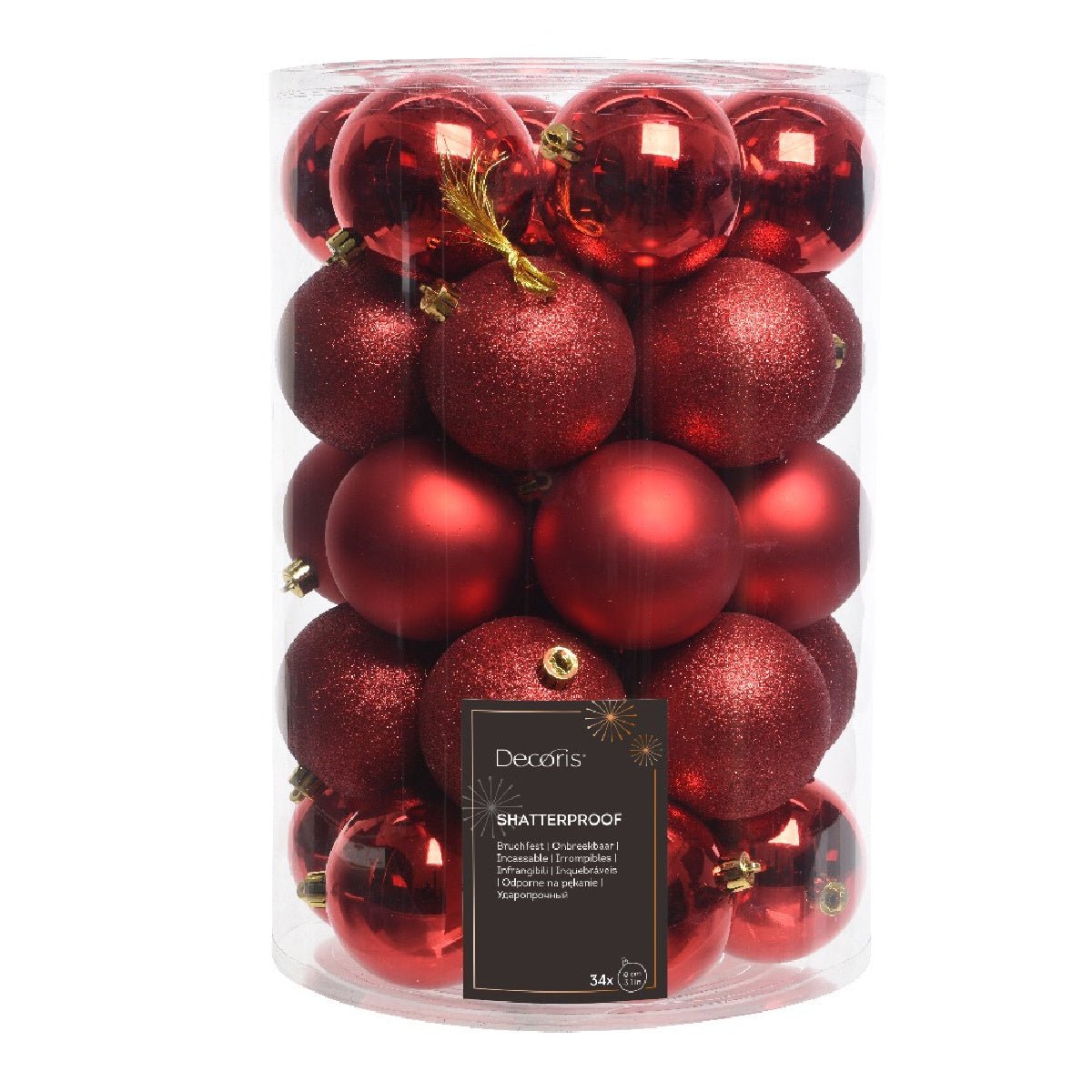 Decoris Assorted 8cm Christmas Red Baubles 34 Pack - XMAS BAUBLES - Beattys of Loughrea