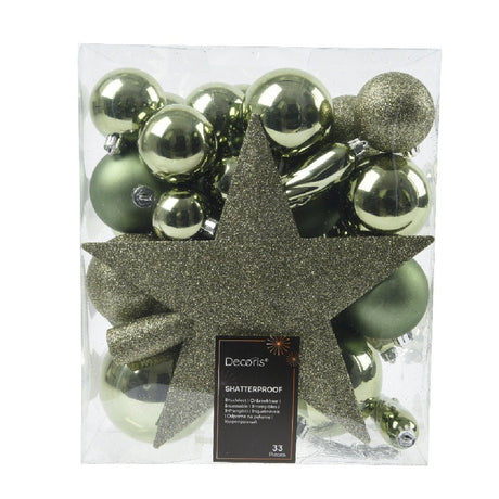 Decoris Assorted Sizes Rosemary Green Baubles 33 Pack - XMAS BAUBLES - Beattys of Loughrea