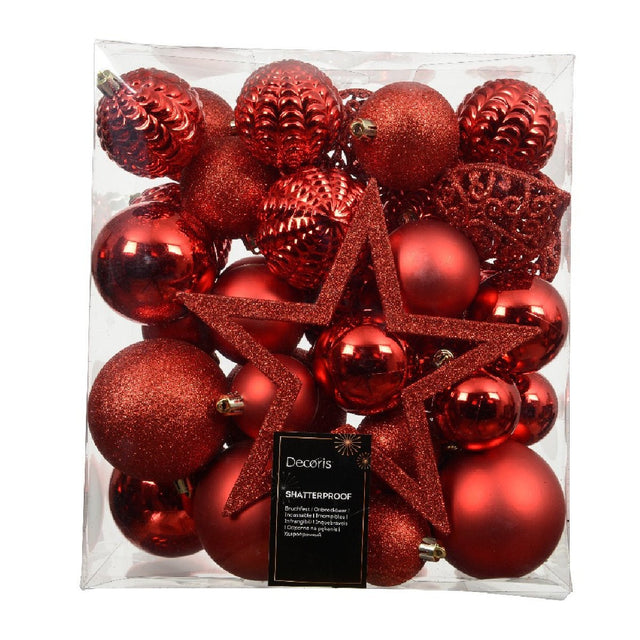 Decoris Assorted Sizes Christmas Red Baubles 33 Pack - Beattys of Loughrea | www.beattys.ie