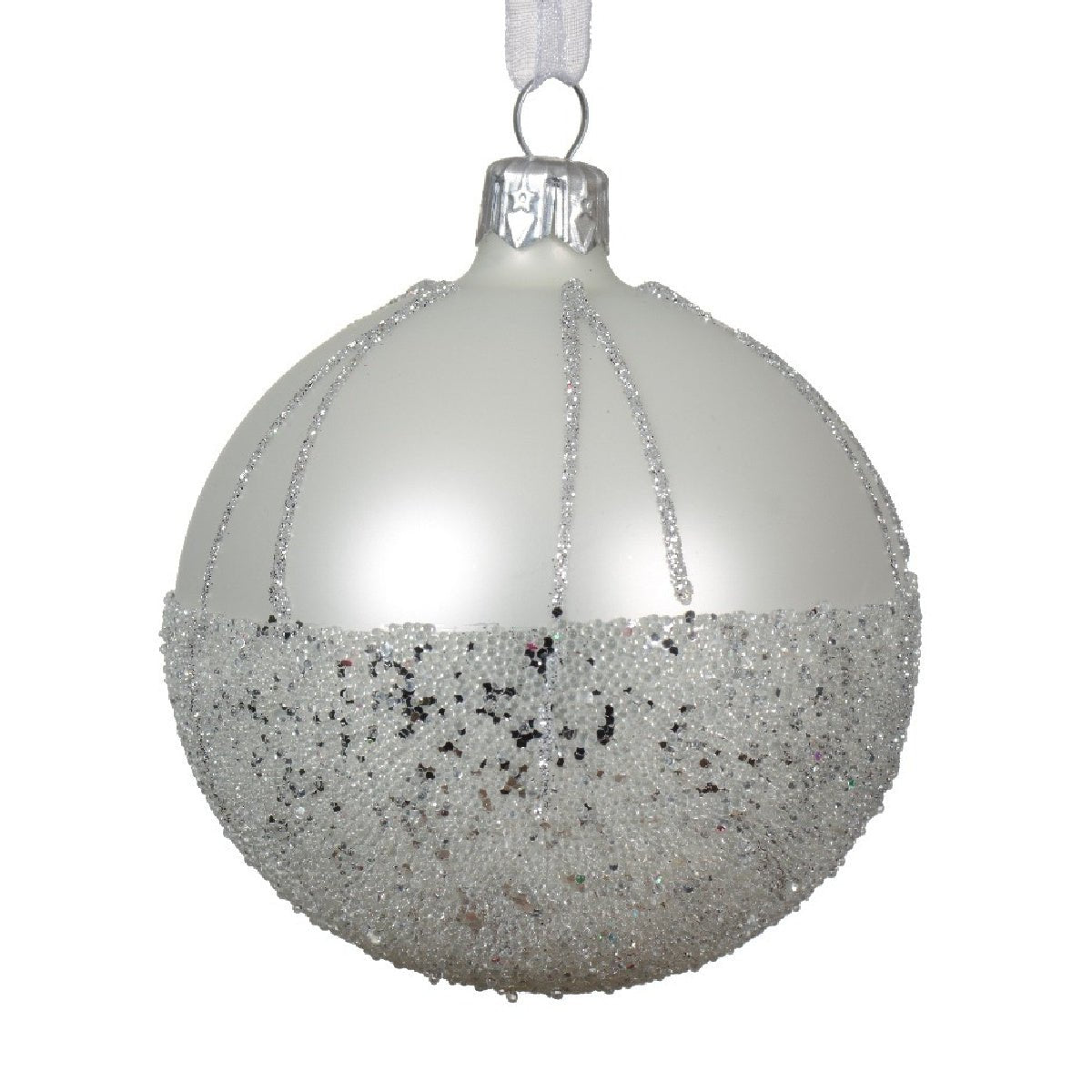 Decoris 8cm Glass Matt Ballotine with Sparkle Lines Bauble Winter White - XMAS BAUBLES - Beattys of Loughrea