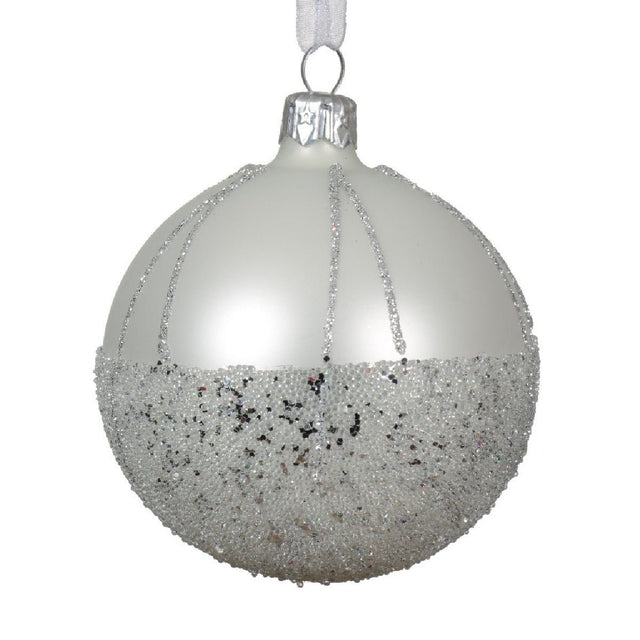 Decoris 8cm Glass Matt Ballotine with Sparkle Lines Bauble Winter White - XMAS BAUBLES - Beattys of Loughrea