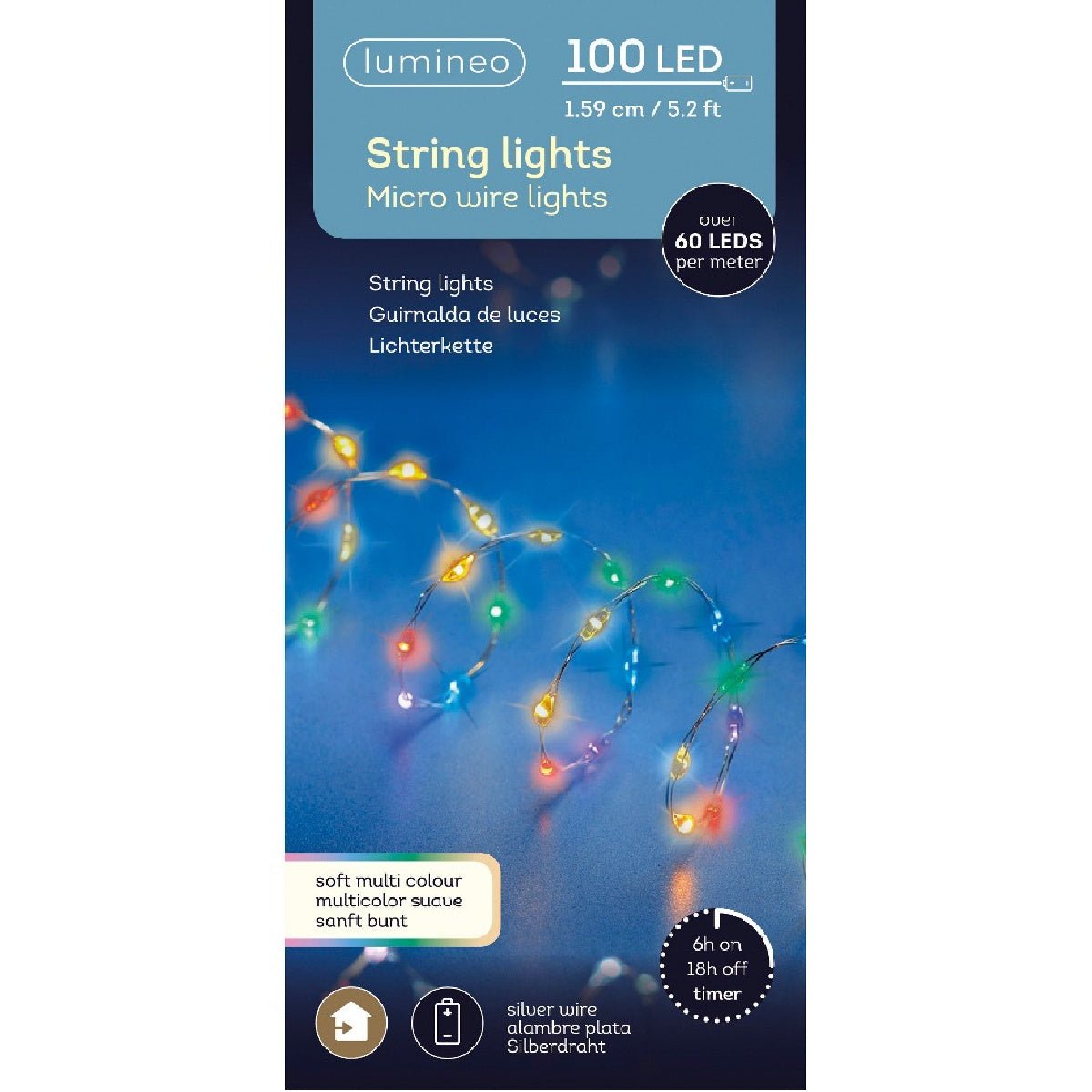 Lumineo 100 LED Multi - Coloured String Lights Battery Operated with Timer 159cm - XMAS BATTERY OPERATED LIGHTS - Beattys of Loughrea