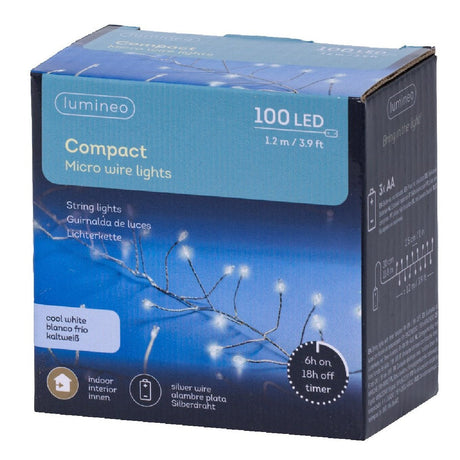 Lumineo 100 LED Cool White Compact Micro Wire Lights Battery Operated with Timer 120cm - XMAS BATTERY OPERATED LIGHTS - Beattys of Loughrea