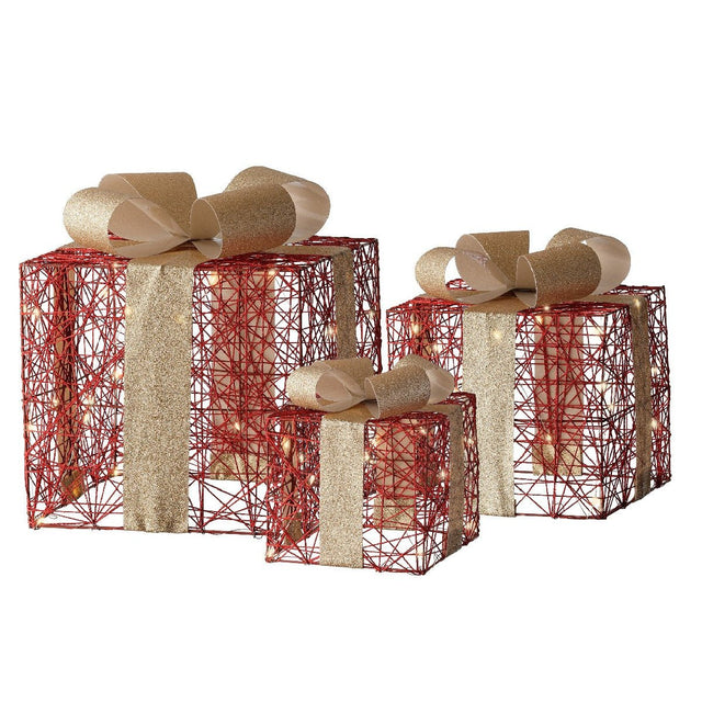 Lumineo Micro LED Set of 3 Red Giftboxes Steady Battery Operated - XMAS ROOM DECORATION LARGE AND LIGHT UP - Beattys of Loughrea