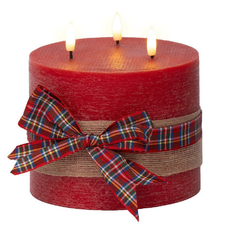 Lumineo LED 3 Wick Candle Red with Check Bow Battery Operated 15 x 15cm - XMAS CANDLES - Beattys of Loughrea