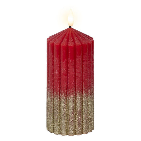 Lumineo Red and Gold Glitter Battery Operated LED Candle 7 x 15cm - XMAS CANDLES - Beattys of Loughrea