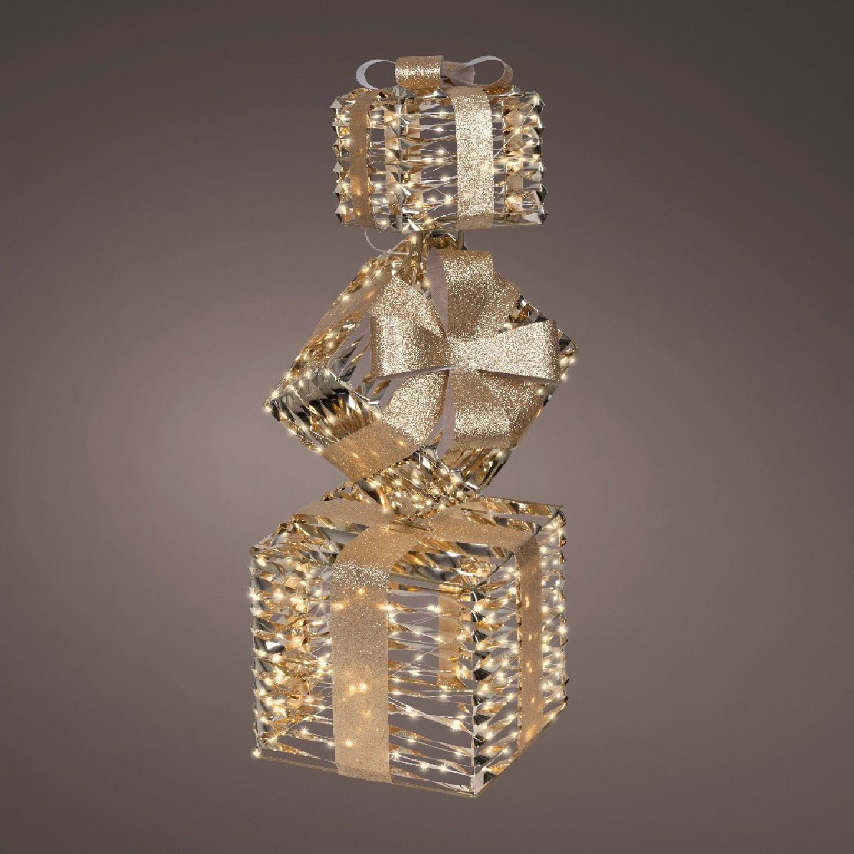 Lumineo Stacked Gold Giftboxes Flashing Effect Outdoor 73cm - XMAS ROOM DECORATION LARGE AND LIGHT UP - Beattys of Loughrea